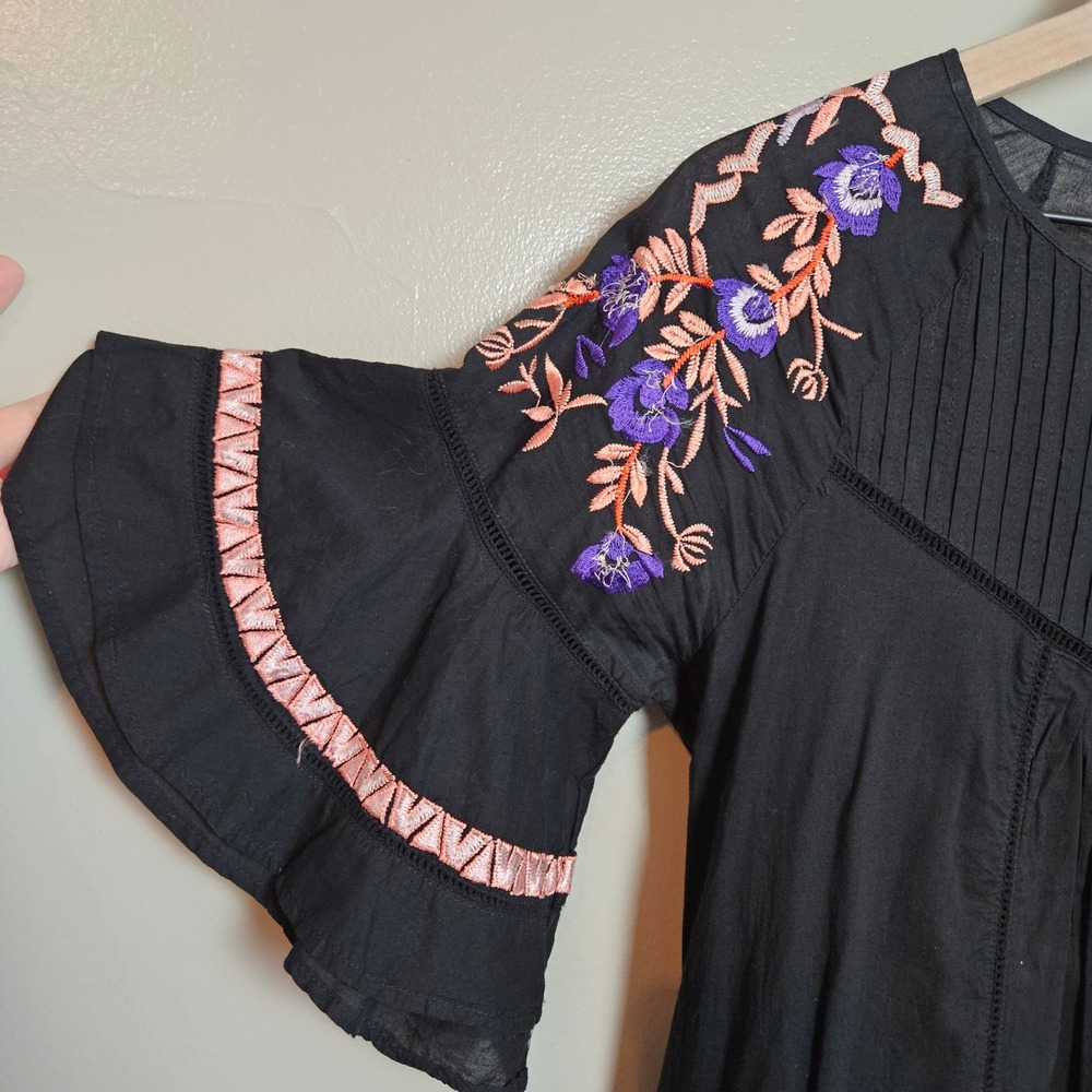 Free People Pavlo Embroidered Babydoll Mini Dress Tunic Sz S Black Ruffle - Picture 4 of 13
